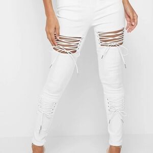 NWT Maniere De Voir Lace Up Jeans Size 10 US M White Cut Out Skinny New